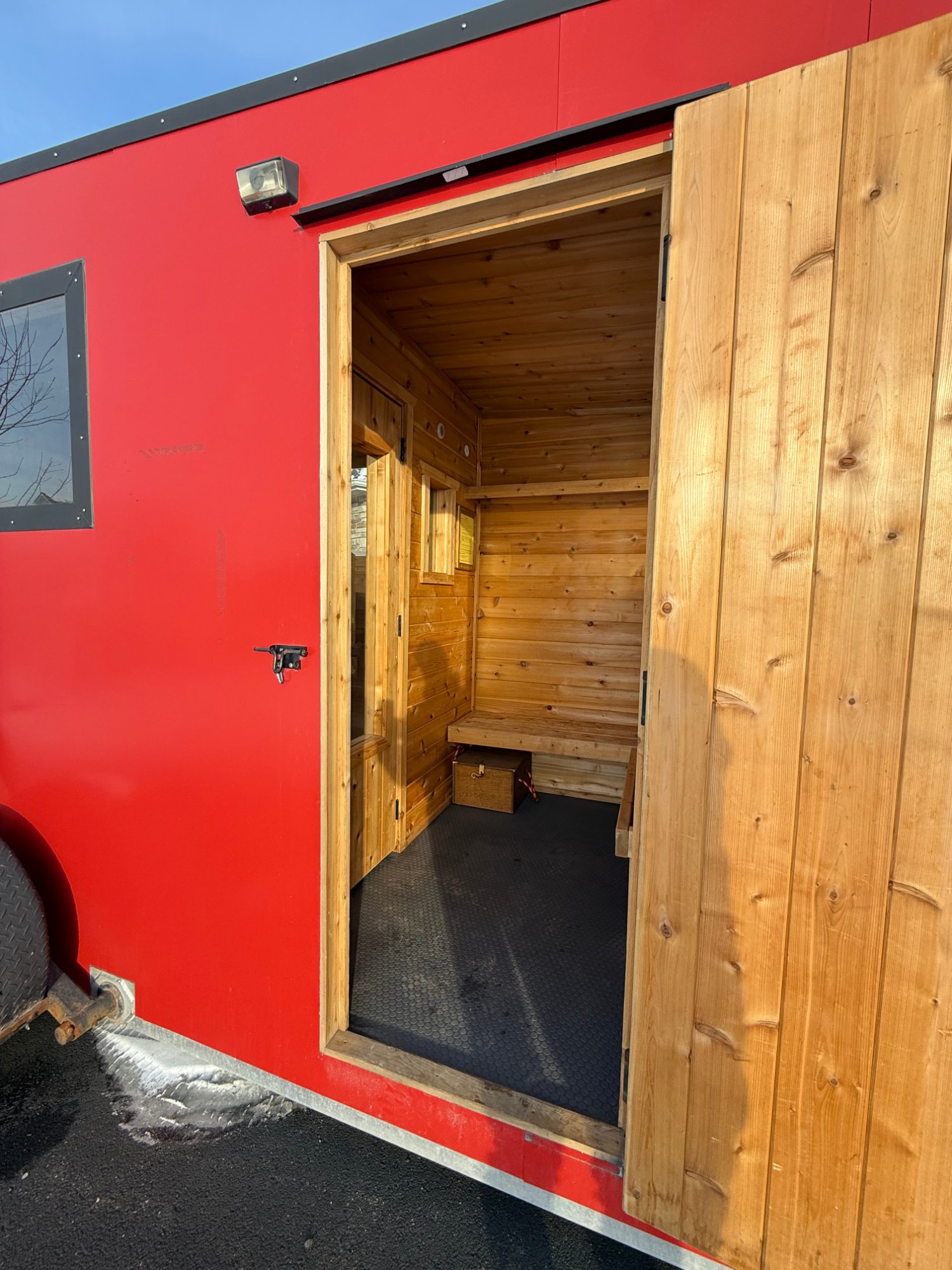 Sauna door open showing interior